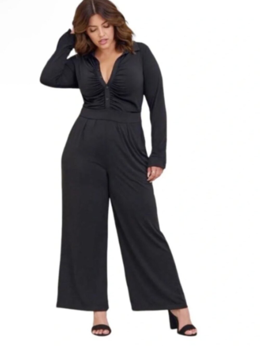 Torrid Black Studio Knit Long Sleeve Button Up Wide Leg Jumpsuit 2X